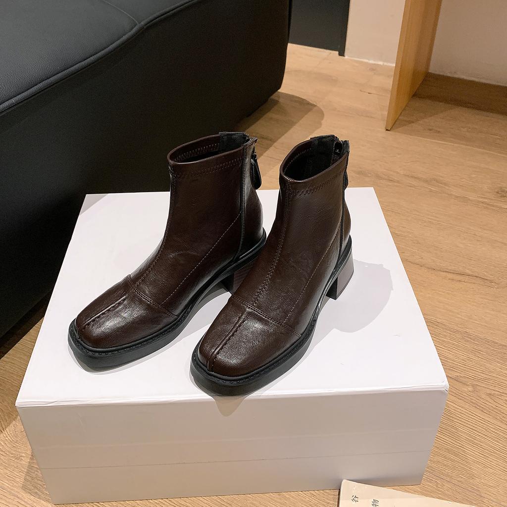 Skinny Boots Rear Zipper Short Boots Women's Retro Heightening Pleated High Heels Texture Commuter British Martin Boots