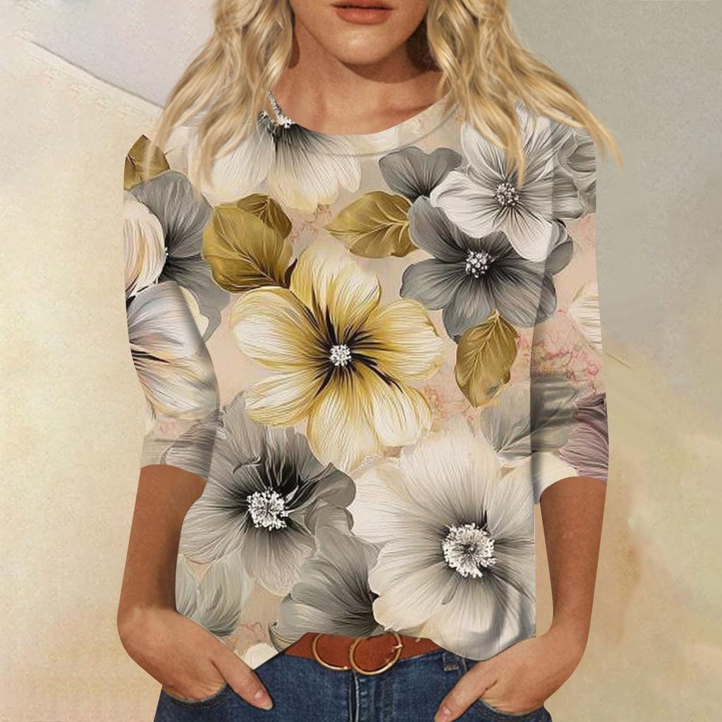 Women's Fashion Casual Round Neck Three Quarter Sleeve Printed T-Shirt Top