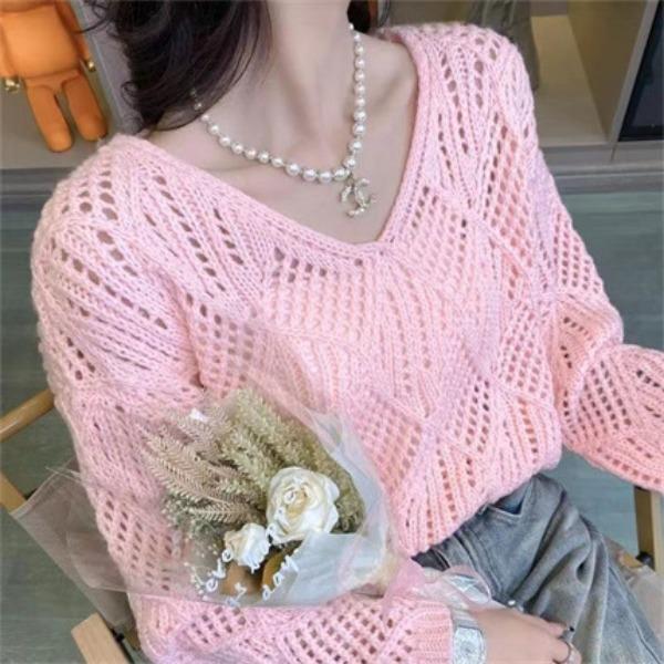 Women s Knitted Sweater Pullover Hollowed Out Versatile Knitted Sweater Cover Top S розовый