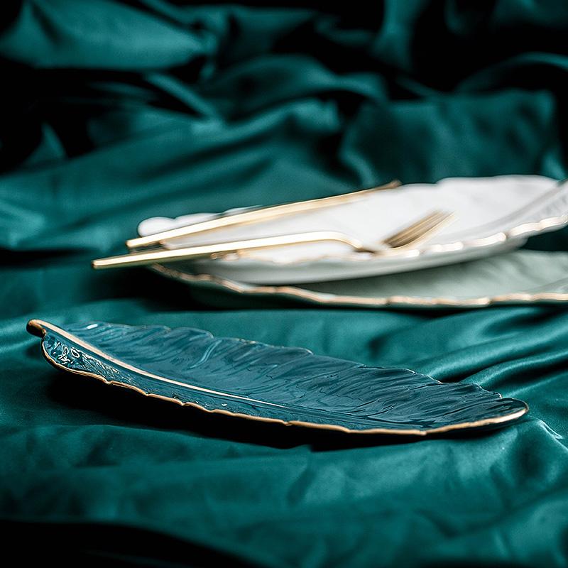 10inch Ceramic Feather Shape  Plate Gold Porcelain Dessert Jewelry Plates Dish Dinnerware Sushi Tableware Storage Tray