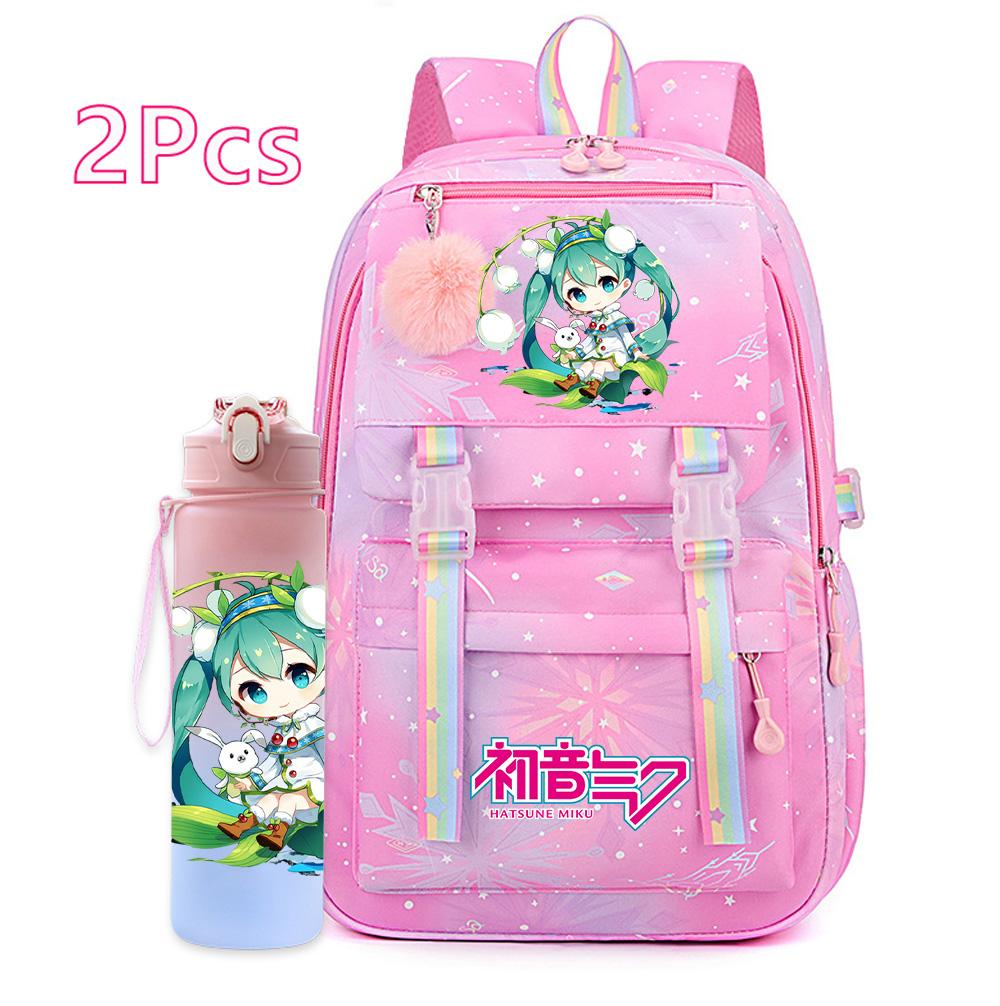 2 st/set Söt Hatsune Miku-tryckt Ryggsäck med 750 ml Vattenflaska för Tonårsflicka Pojke Skolväska Stor Kapacitet Vattentät Resväska Gåva