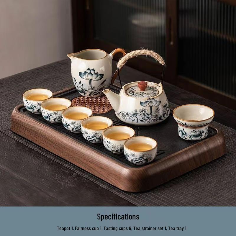Chaxun Ru Ware Lotus Kung Fu Tea Set with Overhead Handle Pot and Walnut Tray