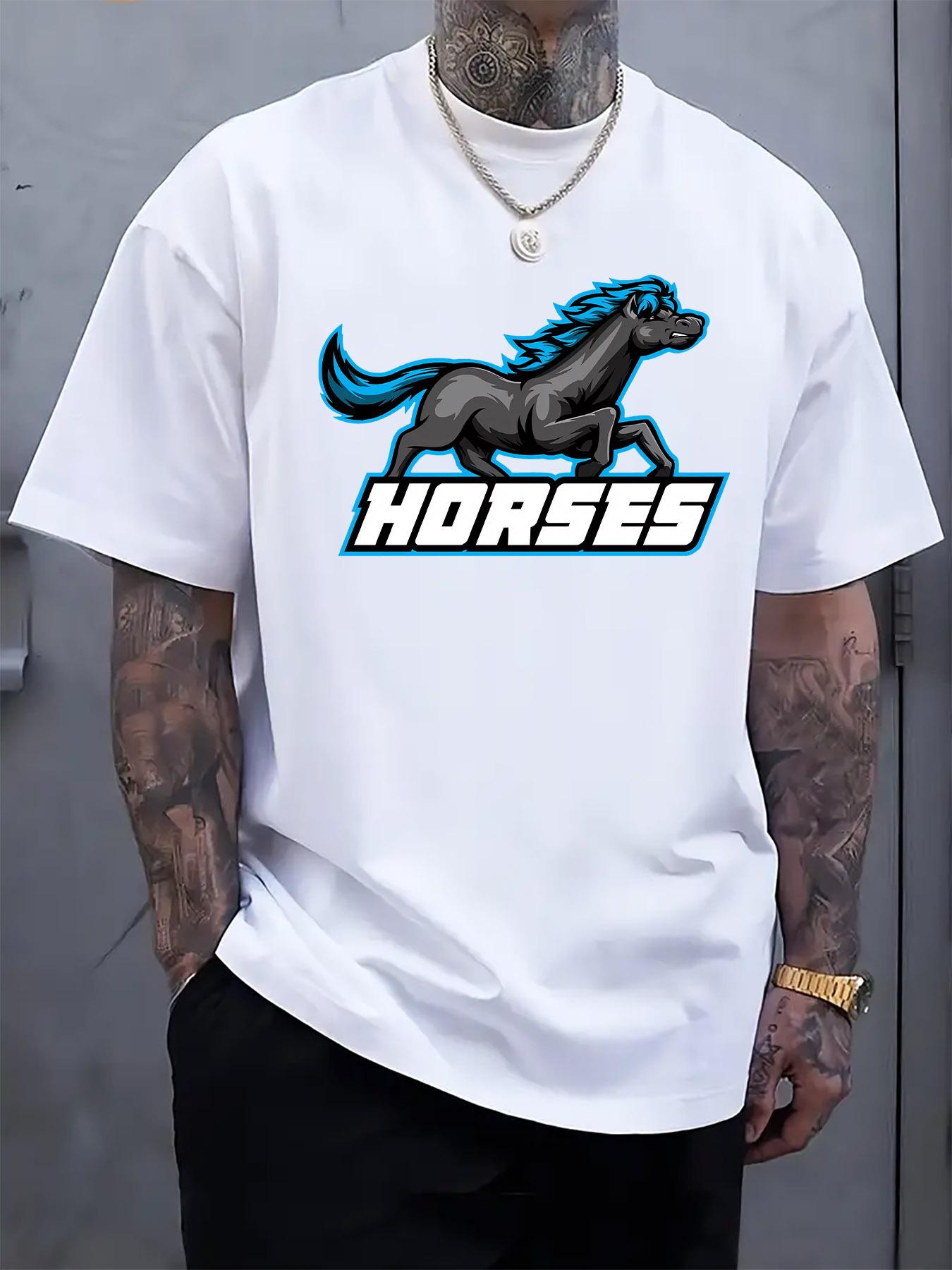 Black Casual Short Sleeve Tshirt with Blue Galloping Hors... XXL
