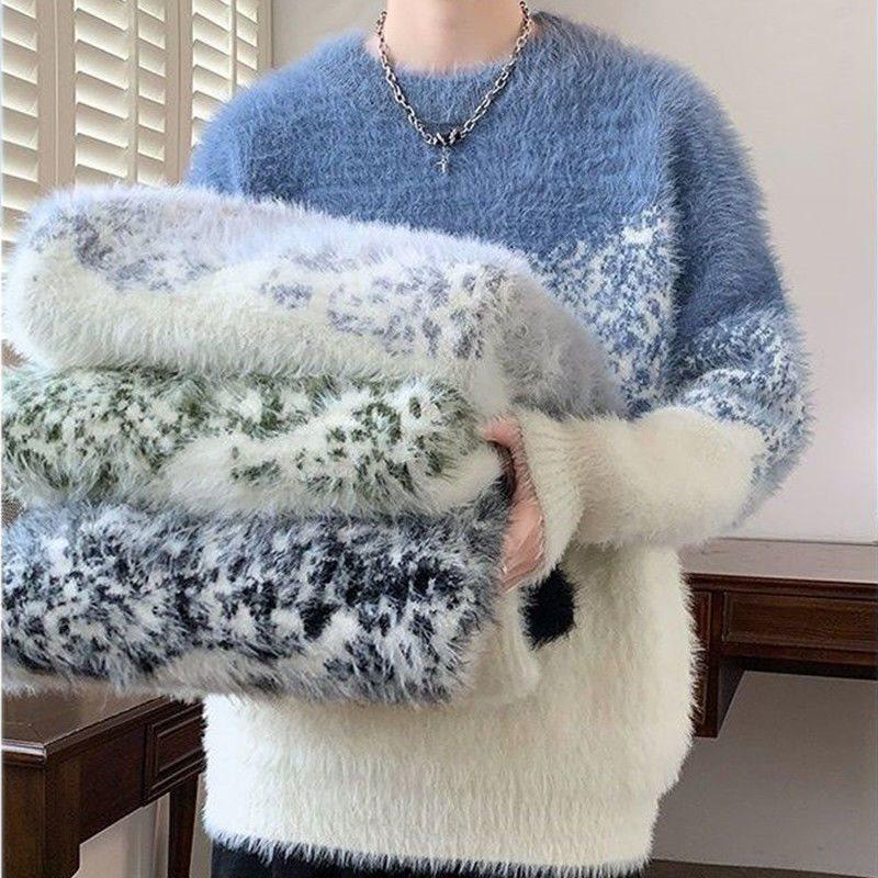 Men's Color Block Round Neck Wool Sweater - Soft, Thick & Warm Trendy Knitwear for Autumn & Winter