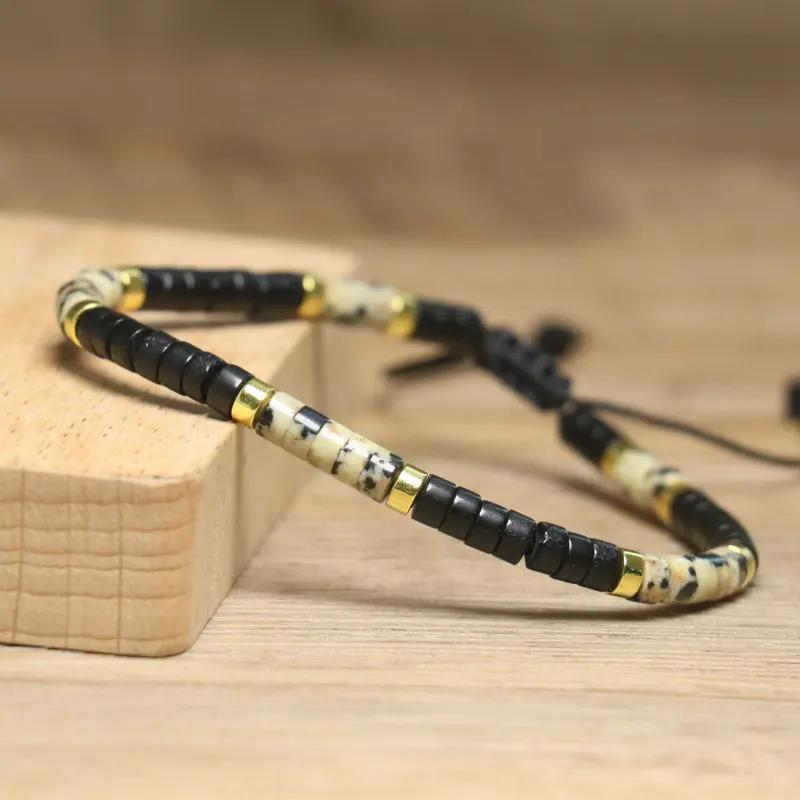 Bohemian Style Black Agate Spotted Beaded Bracelet | Adjustable Hand-woven Natural Stone Accessory | Anniversary Birthday Gift