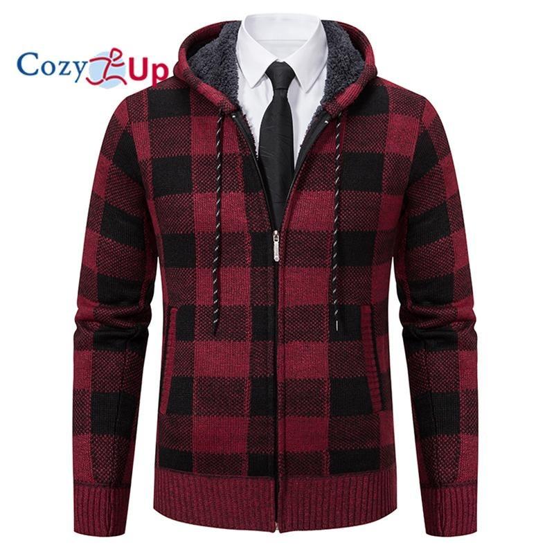 Cozy Up Men Sweater Coat  Autumn Winter Thick Warm Hooded Plaid Wool Sweater Cardigan  Zipper Fleece Coat Men