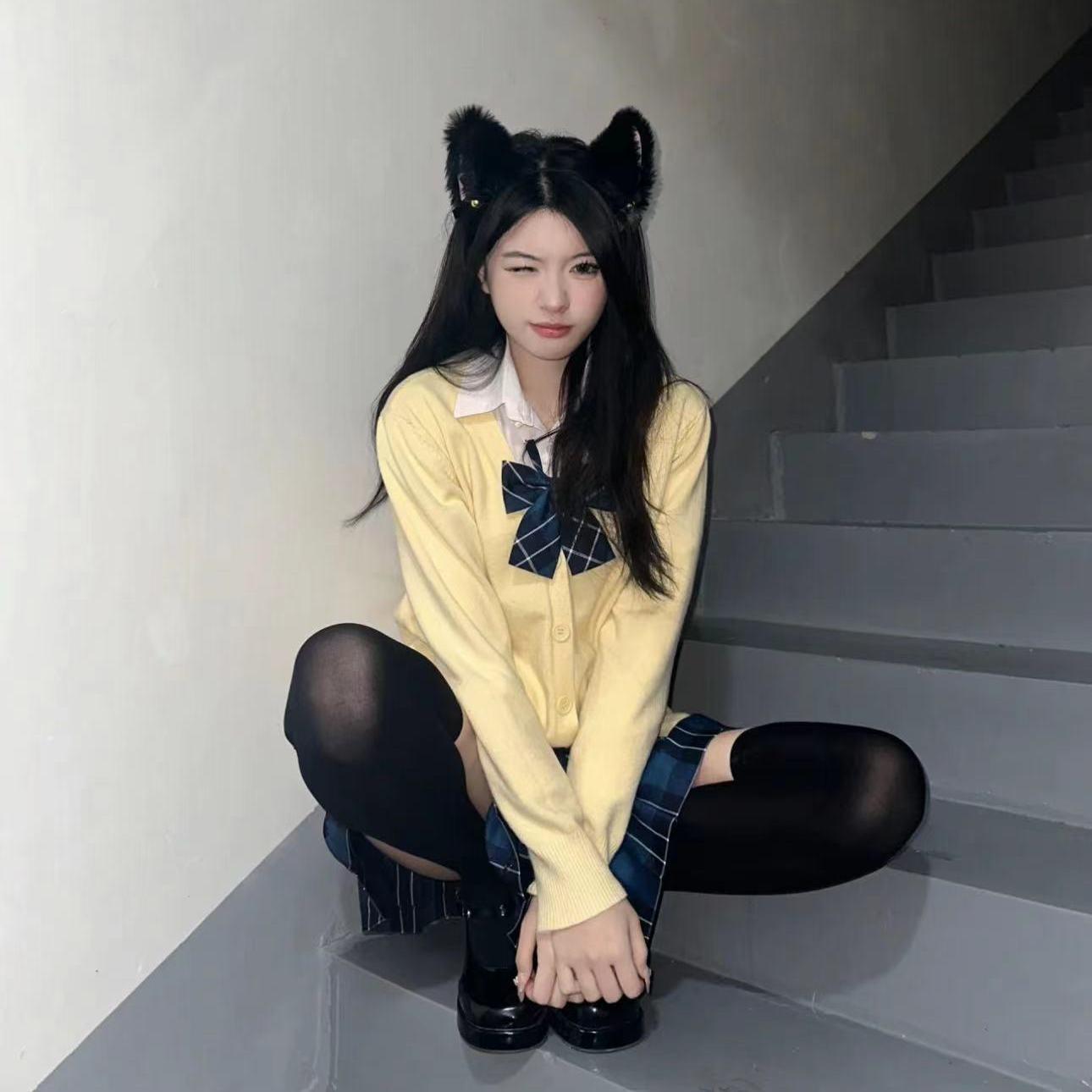 

Anime Yellow JK Sweater & Cardigan Set – Autumn/Winter Soft Sakura Style for Women M