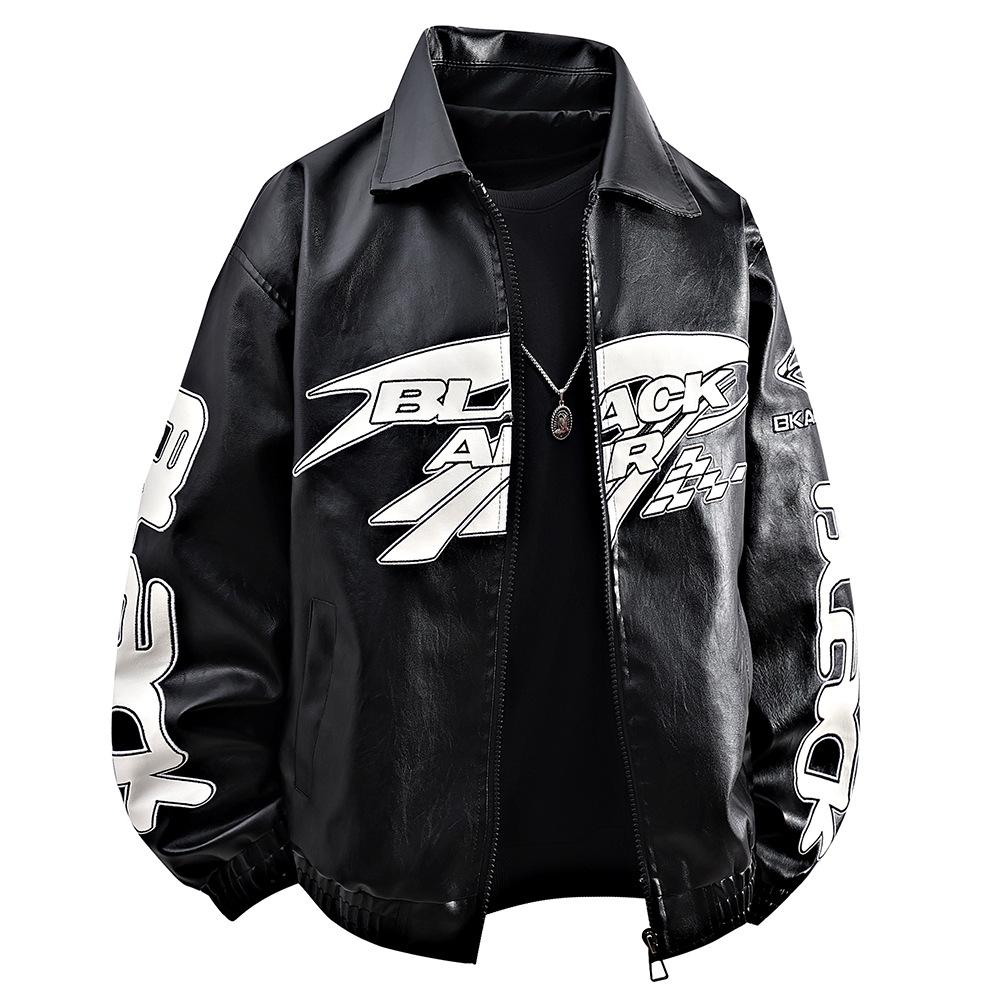 Men's American Racing Style Leather Jacket - Streetwear, Stand Collar, Cool Hip-Hop High Street Trend, Motorcycle Outerwear.