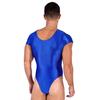 Mens Solid Color Short Sleeve Leotard Glossy Round Neck High Cut Bodysuit Swimwear Sportswear