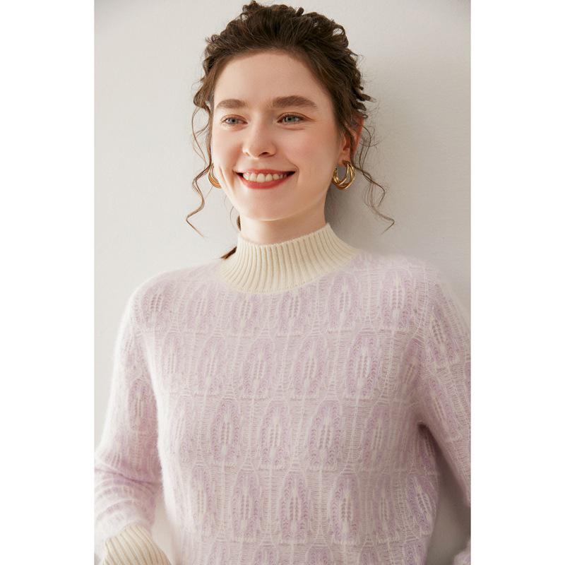 Women's Color Block Cashmere Sweater - Round Neck, Thickened, Loose Fit Knit for Autumn & Winter