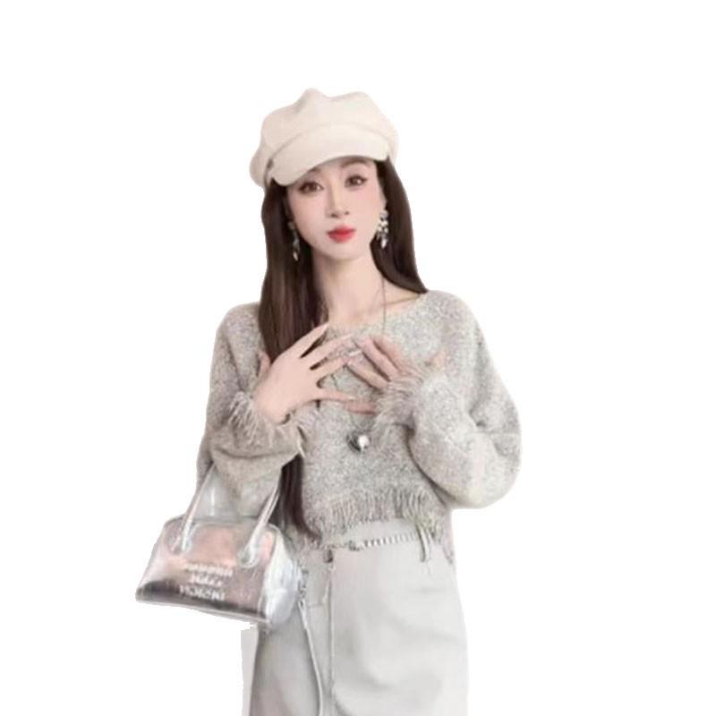 

Новая осенне-зимняя женская одежда Spice Girls Мохеровый женский короткий вязаный топ с высокой талией, женский свитер с бахромой S recommends 85-47.5kg серый