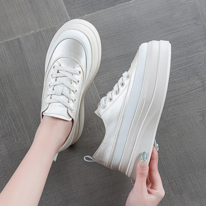 Thick-soled heightening satin board shoes women's spring new muffin versatile niche breathable casual sports little white shoes