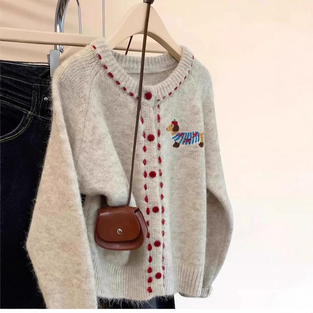 Apricot Small Dog Thickened Crew Neck Knitted Cardigan Sweater Jacket