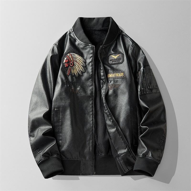 New top autumn and winter fleece leather jacket heavy industry embroidery Indian head stand-up collar retro American machine leather jacket
