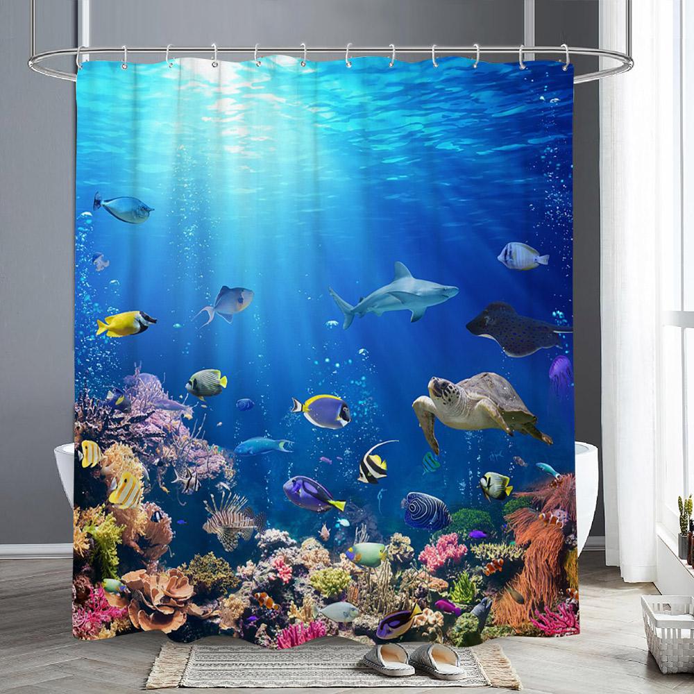 Ocean Animals Shower Curtains Dolphin Sea Turtle Fish Coral Underwater Cave Scenery Fabric Children Bath Curtain Bathroom Decor