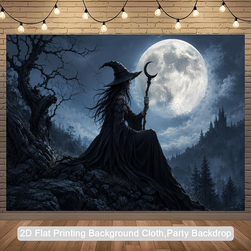 2D planar flag - Halloween-themed party banner background moonlit witch theme with full moonzyc