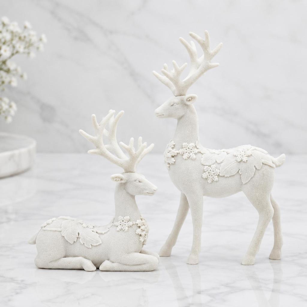 Deer Figurine with Floral Relief Nature-Inspired for Tabletop