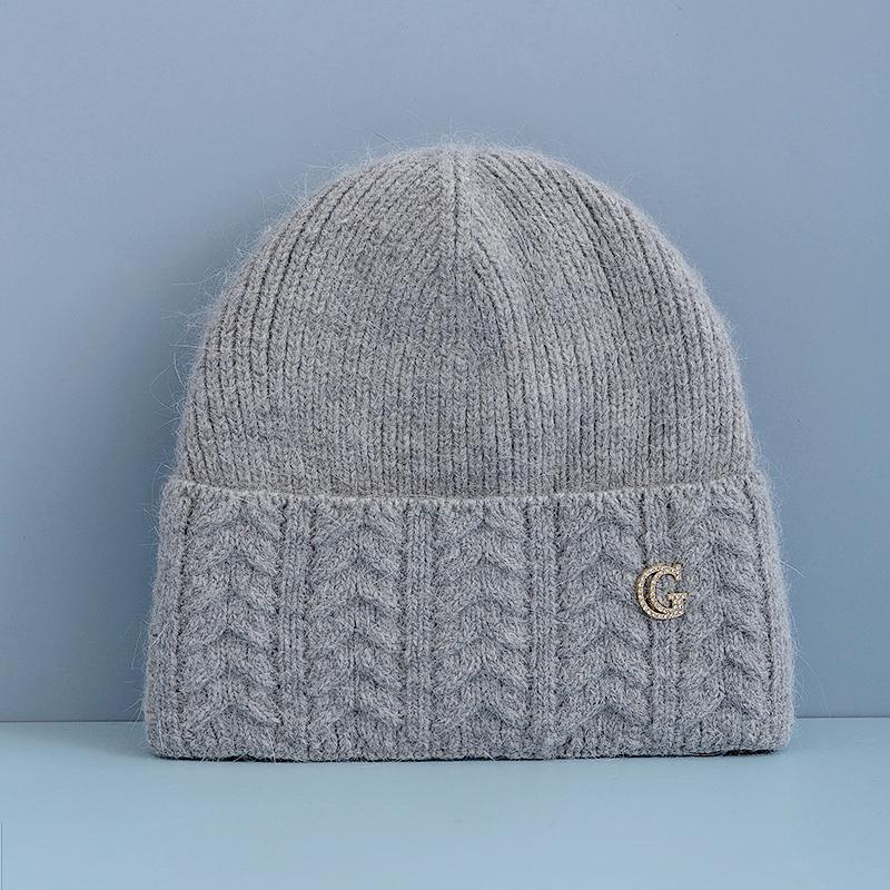 New Style Simple Dandy Winter Hat G Letter Decor Rabbit Fur Beanie Elegant Winter Hats For Women Candy Colors Warm Knit Hats