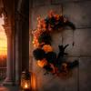 Handmade Artificial Rose Garland Halloween Black Cat Moon Wreath, Gothic Crescent Grapevine Wreath with Party Wall Ornaments Flowers, Spooky