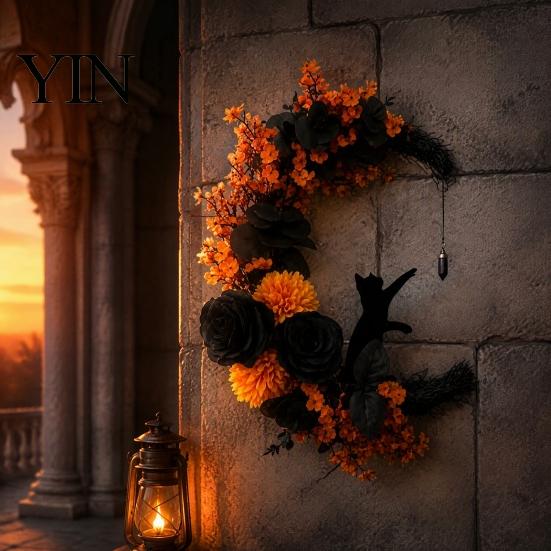 Handmade Artificial Rose Garland Halloween Black Cat Moon Wreath, Gothic Crescent Grapevine Wreath with Party Wall Ornaments Flowers, Spooky