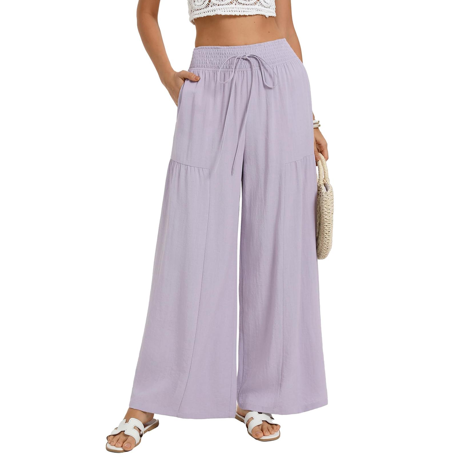 

Women Elastic High Waist Pant Casual Fit Wide Leg Long Pants Trousers With Pockets XL білий