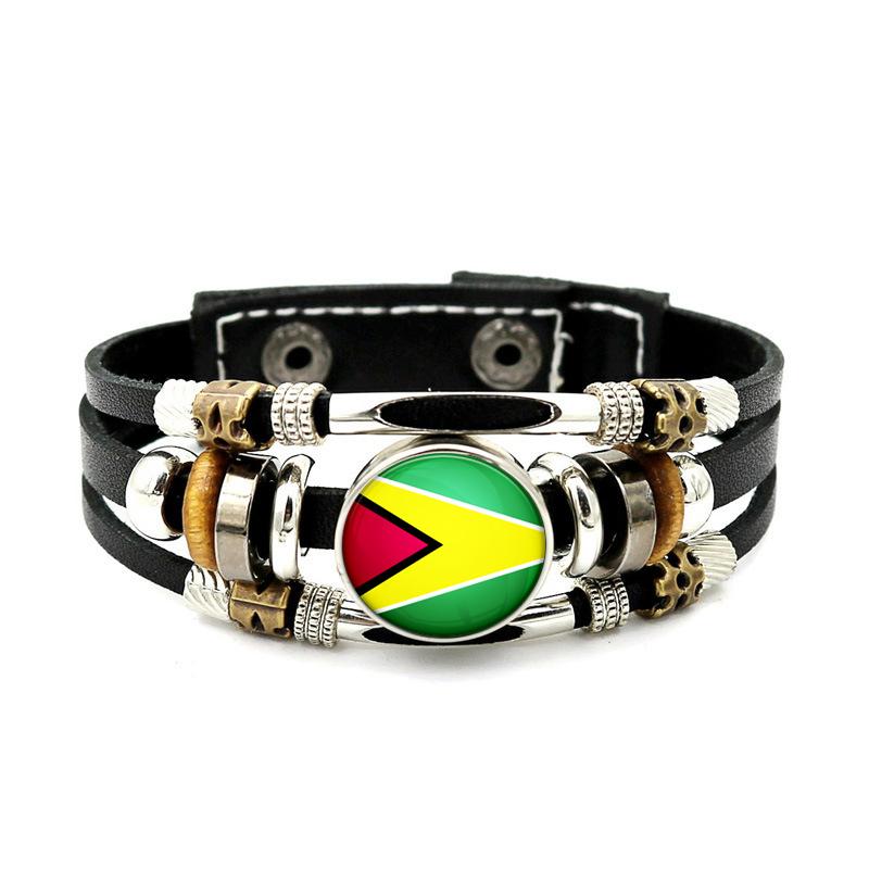 Factory National Country Flag Design Bracelet Crystal Bead Snap Button Sports National Team Jewelry Gift Leather Wrap Bracelet