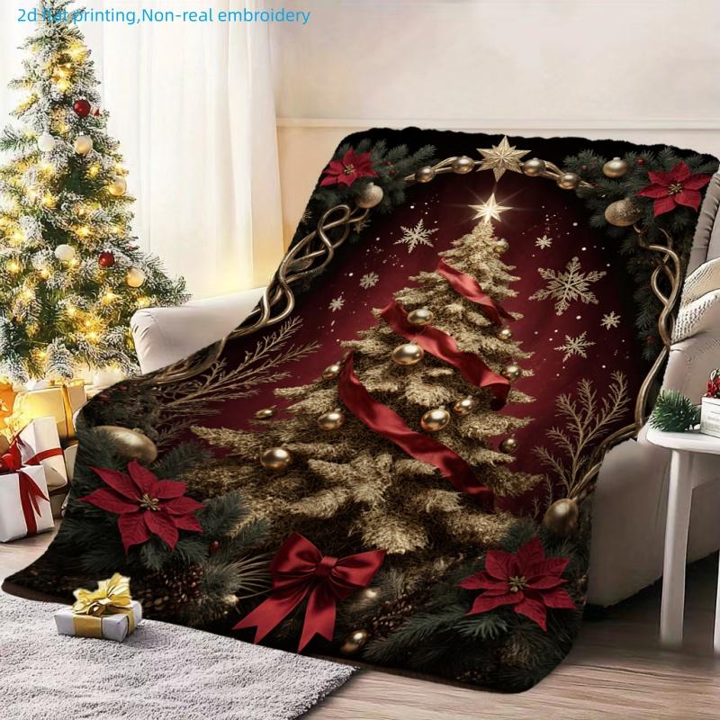 1pc Christmas Holiday Style Christmas Tree Printed Blanket, Red and Golden Themed Elements, Multiple Sizes Available, Autumn Thanksgiving Christmas Na