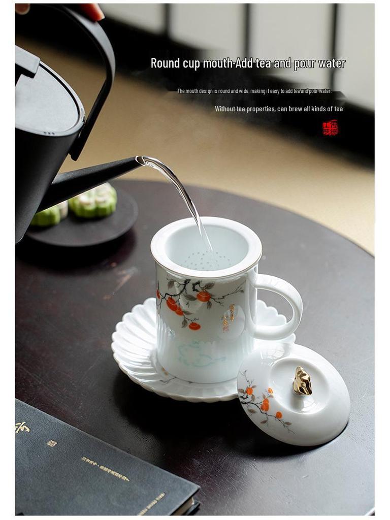 Exquisite Mutton Fat Jade Office Tea Cup Set with Lid & Filter