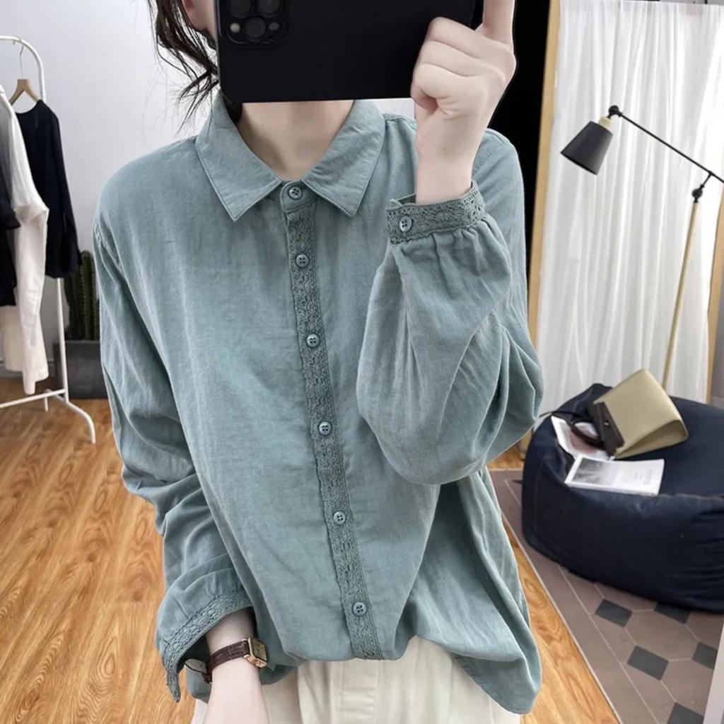 Jacquards Placket Cuffs Lace Long-sleeved Shirt Female Temperament Thin Blouse Tops