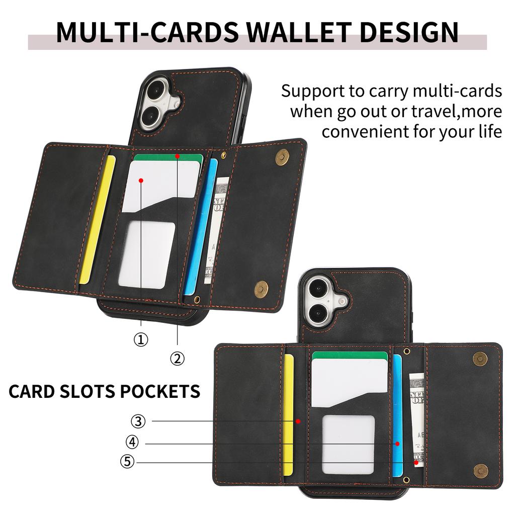 For iPhone 16 Phone Case Tri-Fold Wallet Kickstand PU Leather+TPU Back Cover