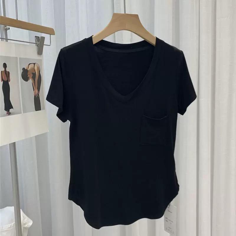 Summer Modal Cotton Draped Collarbone T-shirt Women Loose Korean-style Mid-Length Base Shirt Short Sleeve Casual V-neck Top