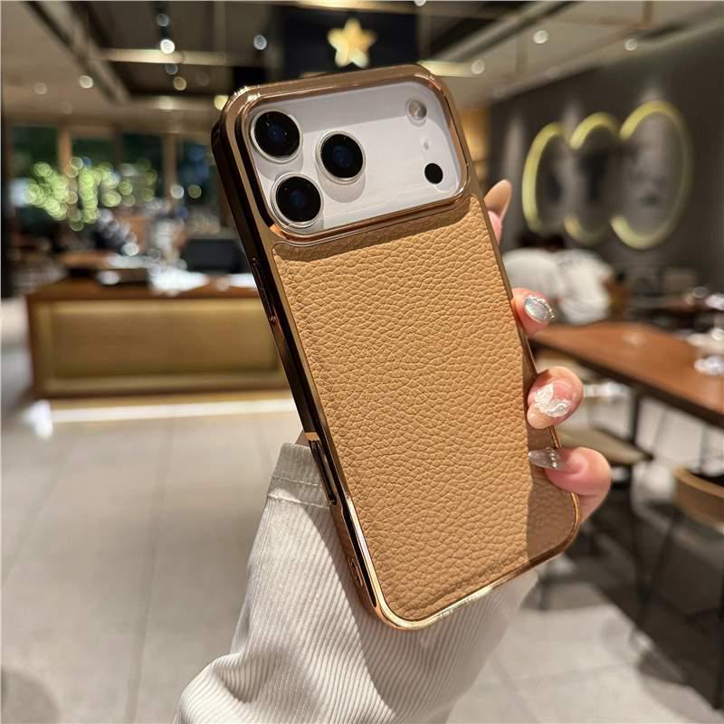 Lychee Pattern Electroplated Drop-Proof Case for iPhone 15/16/17 Pro Max with Large Camera Hole iPhone 13 Pro