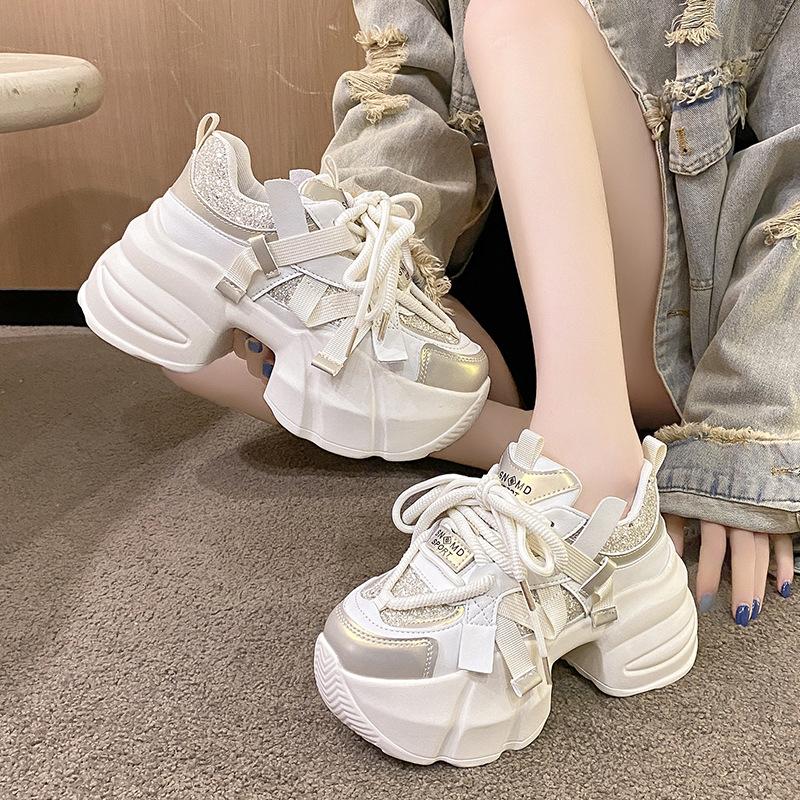 2025 autumn new heavy industry sequins color matching sweet dad shoes muffin thick sole height increase small sports and leisure shoes