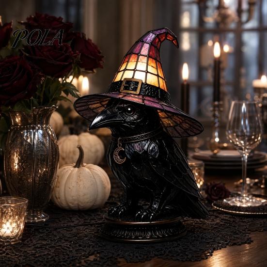 Decorative Bedside Lamp Stained Glass Witch Hat Lamp, Halloween Black Cat Ghost Raven Night Atmosphere Light for Movies Light, Gothic Retro