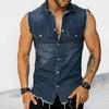 Revers Ärmellose Weste Jacke Einreiher Pattentaschen Quaste Herren Sommer Einfarbig Denim