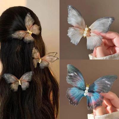 1 Pair Women Hairpin Gauze Butterflies Decor Hair Clips Retro Style Non-slip Durable Hairpin