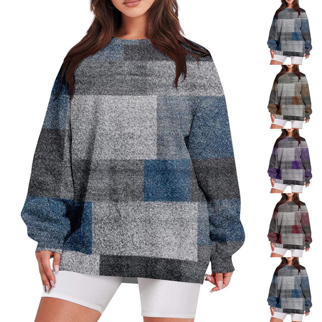 Damen Casual Print Rundhals Lose Langarm Sweatshirt Top Mit Tasche