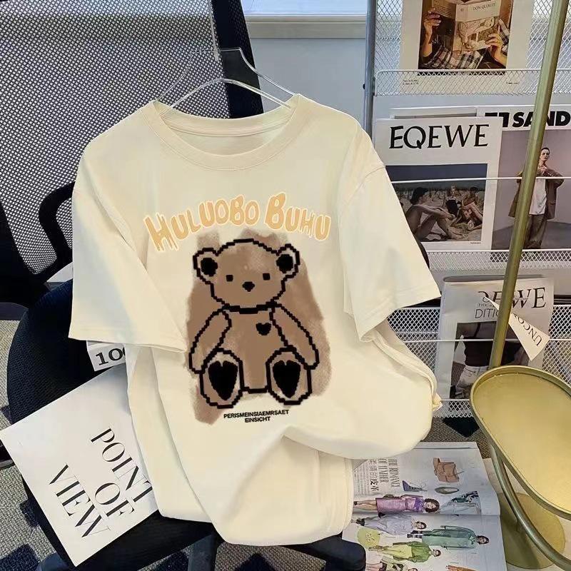 Women's Retro Little Bear Cotton T-Shirt - 2026 Summer Short Sleeve Loose Fit with Cartoon Print for Girls