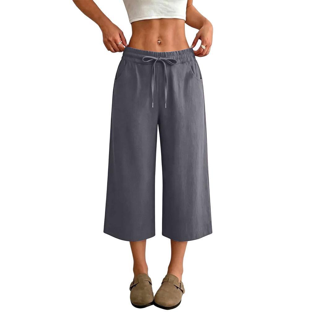Women’s High Waist Wide Leg Drawstring Cropped Pants with Pockets Relaxed Fit Casual Summer Lightweight Design