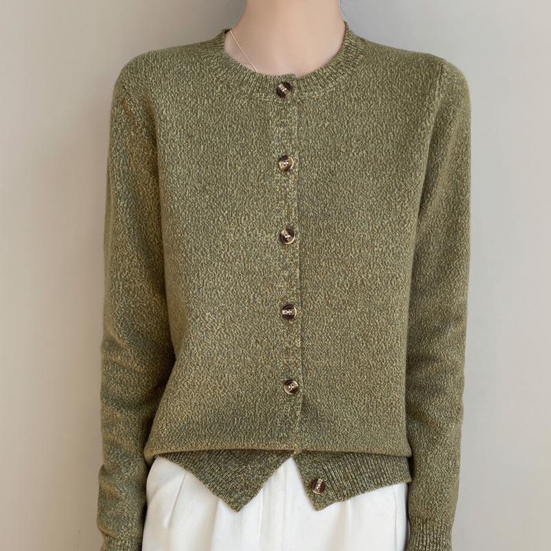Spring 2025 Retro Velvet Round Neck Knit Cardigan - Space-Dyed Loose Fit for Women