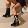 European and American Mid Length Boots 2024 Autumn New Embroidered Flower Design Sense High-heeled Versatile Fashion Boots