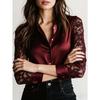 New Burgundy Satin Lace Patchwork Shirt European and American Style Light Luxury Sexy Long Sleeve Top Women's Versatile Commuter and Date Shirt