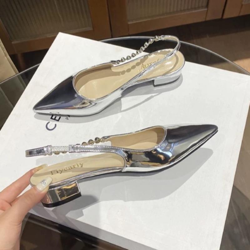 Spring New Baotou Sandals Pointed Head Shallow Mouth Bead Line with Soft Sole Anti-slip Wear-resistant Thick Heel Shoes