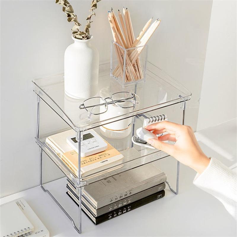 Foldable Transparent Double Desktop Acrylic Shelf Cup Rack Kitchen Bathroom Cosmetic Sundry Shelf