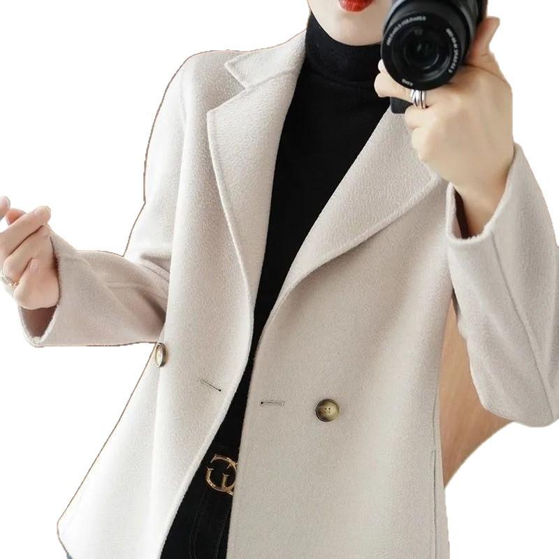 Womens Premium Wool Blend Coat Mid-Length Slim Fit Elegant Office Winter Outerwear In Beige Black