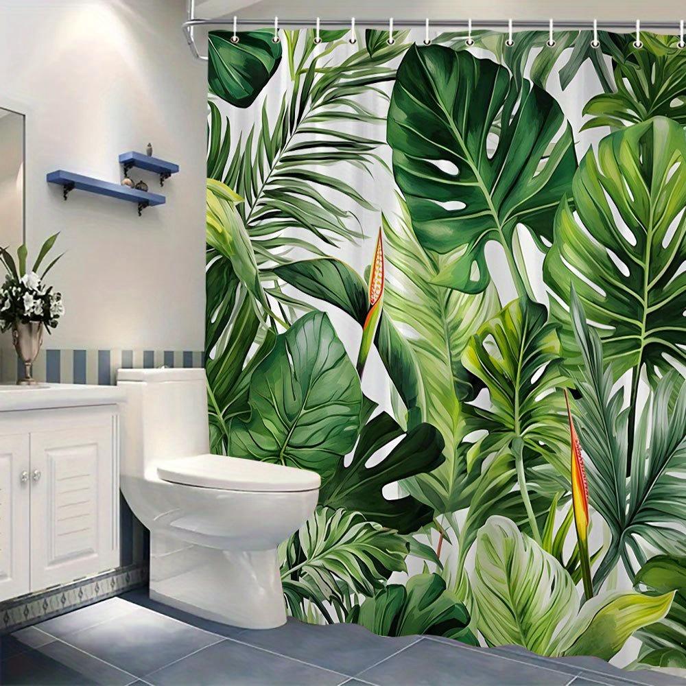 1pc Tropical Leaves Shower Curtain , Polyester,12 Hooks, Monstera, Banana, Elephant Ear, Bird's-Foot Clover Design
