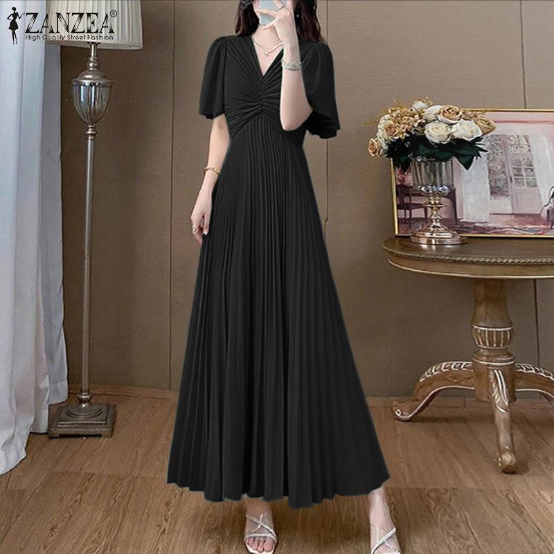 ZANZEA Women Casual V-Neck Summer Short Sleeve Long Dress