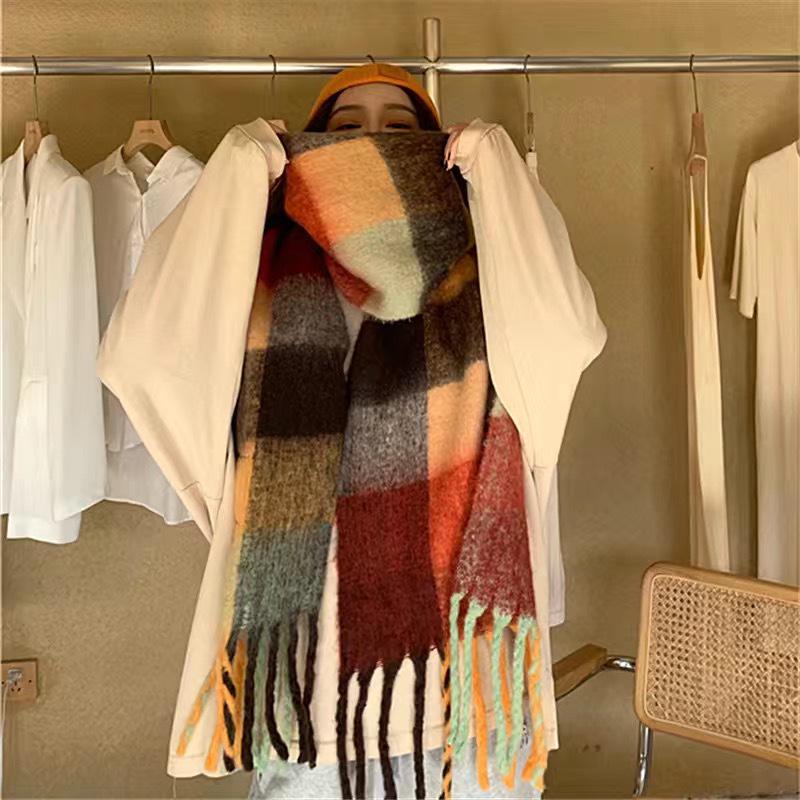 Damen Herbst & Winter Koreanischer Stil Regenbogen Karomuster Dickes Warmes Schal