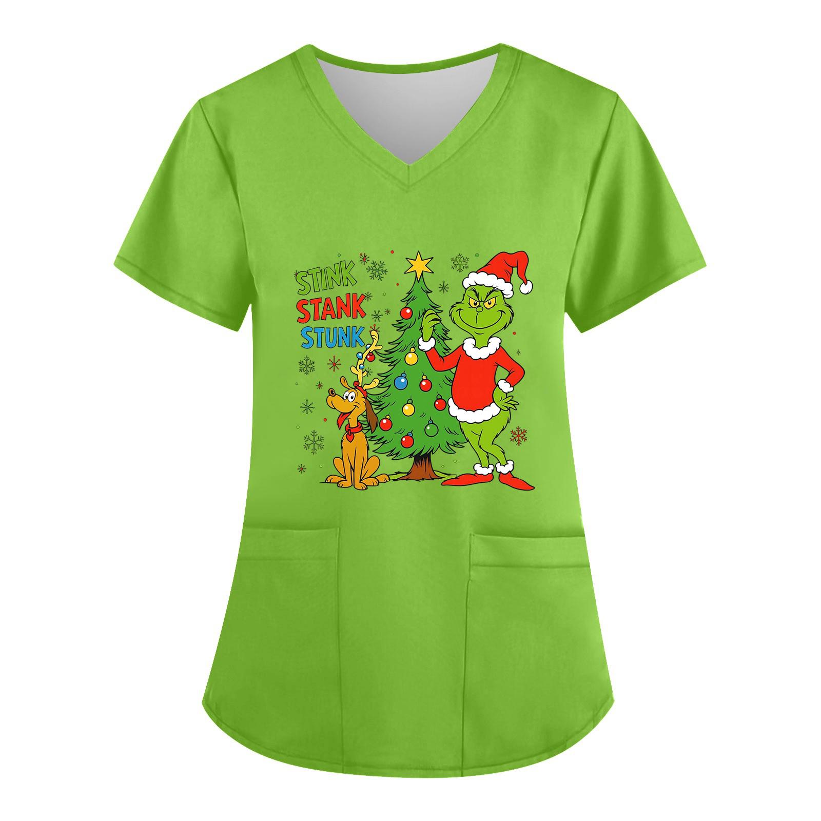 

Women s V-neck Christmas Print Short-sleeved Pocket Side Slit Uniform Top XXL рожевий