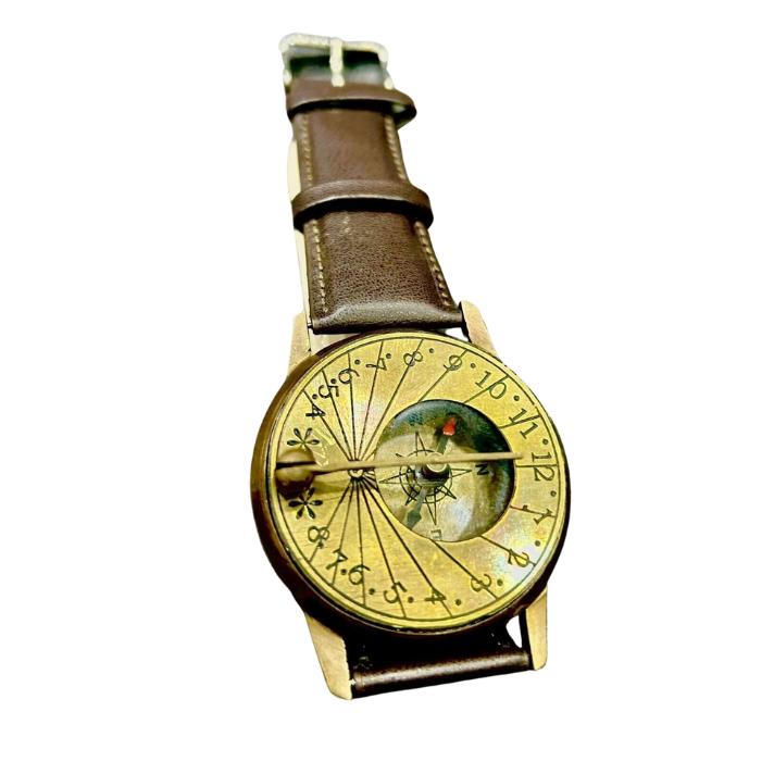 Compass Wrist Watch Brass Sundial Nautical Leather Steampunk